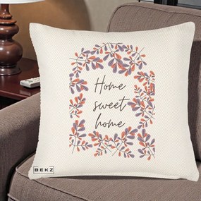 Perna Decorativa Home Sweet Home Frunze Colorate, 40x40 cm, Crem Reliefat, Husa Detasabila, Perna Inclusa, BEKZ®