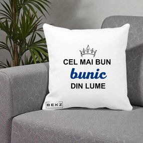 Cadou pentru Bunic - Perna Personalizata Cel Mai Bun Bunic Din Lume Coroana Albastra, 40x40 cm, Alba Mata, Husa Detasabila, Perna Inclusa, BEKZ®