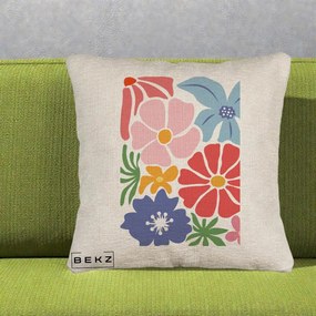 Perna Decorativa Flori Grafice Roz-Rosu-Albastru, 40x40 cm, Bej Canapea, Husa Detasabila, Perna Inclusa, BEKZ®
