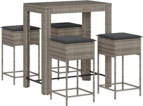 vidaXL Set mobilier bar de grădină, cu perne, 5 piese, gri, poliratan