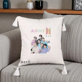 Perna Personalizata K-pop BTS ARMY Fotografie Grup Veseli, 40x40 cm, Bej cu Franjuri, Husa Detasabila, Perna Inclusa, BEKZ®