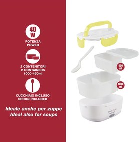 Cutie electrica pentru pranz Beper 90.920G, 40 W, 1 litru, Pana la 60°C, 2 compartimente detasabile, Indicator luminos, Alb/Galben
