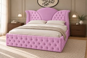 Pat tapițat Chesterfield din catifea Velora Deluxe 180×200 cm, lila, cu ladă de depozitare