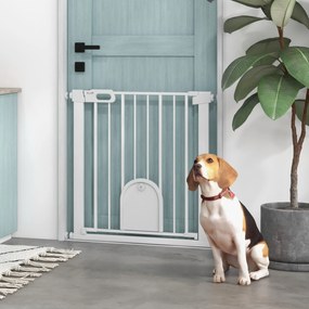 PawHut Barieră de siguranță pentru animale cu ușă și închidere automată sistem cu blocare dublă, oțel alb | Aosom Romania