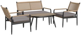 Outsunny Set de mobilier de grădină din rătan Set de lounge cu canapea dublă, fotoliu, masă cu geam, perne pentru 4 persoane, Gri închis+Galben | Aosom Romania