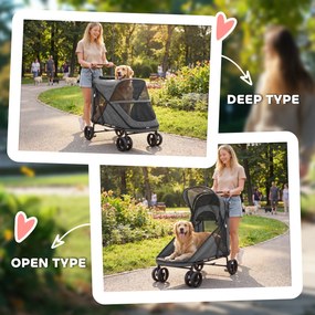 PawHut Cărucior pliabil pentru câini buggy pentru câini mari până la 30 kg cu roți rotative 360° fereastră din plasă pernă mâner reglabil Gri | Aosom Romania