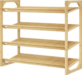 HOMCOM Etajeră pentru pantofi cu 4 niveluri, depozitare 12 perechi cu design cu lamele, bambus, 76x33x67cm, lemn natural | Aosom Romania