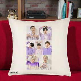 Perna Personalizata K-pop BTS Colaj 7 Portrete cu Inimi Lila, 40x40 cm, Crem Reliefat, Husa Detasabila, Perna Inclusa, BEKZ®