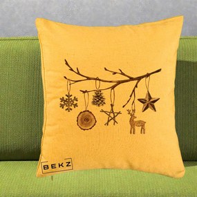 Perna Decorativa Ornamente de Lemn pe Ramura, 40x40 cm, Galben, Husa Detasabila, Perna Inclusa, BEKZ®
