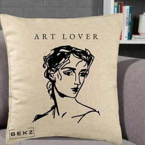 Perna Decorativa Art Lover Portret Grafic, 40x40 cm, Bej, Husa Detasabila, Perna Inclusa, BEKZ®
