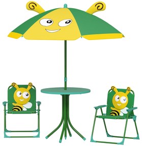 Set mobilier de grădină pentru copii AIYAPLAY, Scaune, Masa, Umbrelă, Design de Albinuțe, Verde+Galben | Aosom Romania