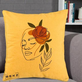 Perna Decorativa Portret Feminin Trandafir Ruginiu, 40x40 cm, Galben, Husa Detasabila, Perna Inclusa, BEKZ®
