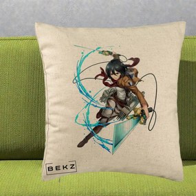 Perna Personalizata Attack on Titan Mikasa Ackerman Lupta, 40x40 cm, Bej, Husa Detasabila, Perna Inclusa, BEKZ®