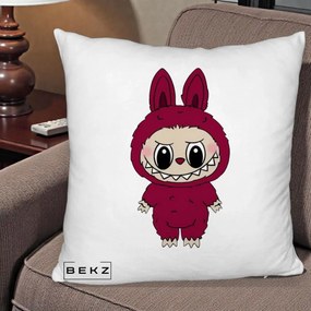 Perna Personalizata Labubu Rosu-Visiniu Solo, 40x40 cm, Alb Pufos, Husa Detasabila, Perna Inclusa, BEKZ®