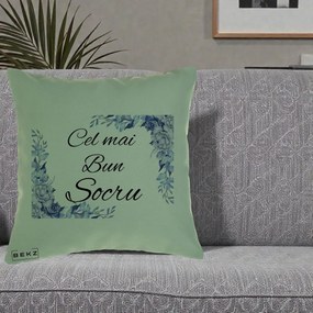 Cadou pentru Socru - Perna Personalizata Cel mai Bun Socru cu Flori Albastre Acuarela, 40x40 cm, Verde, Husa Detasabila, Perna Inclusa, BEKZ®