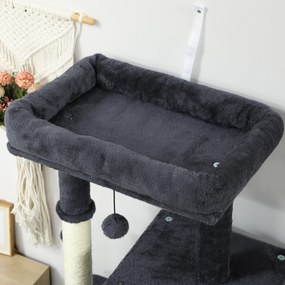 PawHut Ansamblu Multinivel pentru Pisici, 132 cm, cu Căsuță, Culcuș, Stâlpi de Zgâriat, Perie și Minge, Gri Închis | Aosom Romania