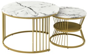 Set de 2 Măsuțe de Cafea Moderne, din MDF cu Finisaj Efect de Marmură și Structură Metalică Aurie, 70x70x47 cm și 45x45x40 cm, Alb
