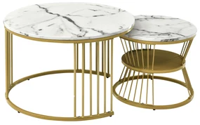 Set de 2 Măsuțe de Cafea Moderne, din MDF cu Finisaj Efect de Marmură și Structură Metalică Aurie, 70x70x47 cm și 45x45x40 cm, Alb
