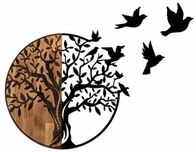 Accesoriu Decorativ de Perete Tree And Birds - 322, Lemn / Metal