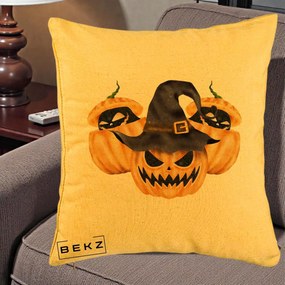 Perna Decorativa Trio Dovleci Jack-o-Lantern cu Palarie Vrajitoare, 40x40 cm, Galben, Husa Detasabila, Perna Inclusa, BEKZ®