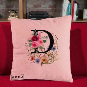 Cadou Personalizat - Perna Personalizata Monogram Litera D cu Flori Acuarela, 40x40 cm, Roz, Husa Detasabila, Perna Inclusa, BEKZ®
