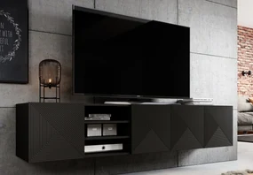 Comodă TV suspendată Asha 200 cm, fronturi riflate și nișă – negru mat