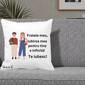 Cadou pentru Frate - Perna Personalizata Fratele Meu Te Iubesc Elevi Ilustratie Colorata, 40x40 cm, Alba Mata, Husa Detasabila, Perna Inclusa, BEKZ®