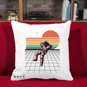 Perna Decorativa Astronaut Retro Space, 40x40 cm, Alba Mata, Husa Detasabila, Perna Inclusa, BEKZ®