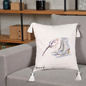 Perna Decorativa Patine cu Ramuri Inzapezite, 40x40 cm, Bej cu Franjuri, Husa Detasabila, Perna Inclusa, BEKZ®