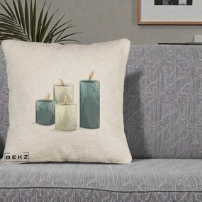 Perna Decorativa Lumanari Hygge Alb-Verde, 40x40 cm, Bej Canapea, Husa Detasabila, Perna Inclusa, BEKZ®