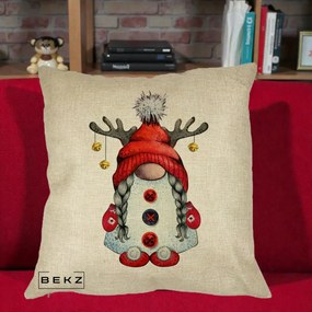 Perna Decorativa Pitic Gnom Craciun cu Coarne de Ren, 40x40 cm, Crem, Husa Detasabila, Perna Inclusa, BEKZ®
