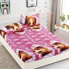 Husa de pat cu elastic si 2 fete de perna, tesatura tip finet, pat 2 persoane, roz / maro, 3 piese, HBF-234