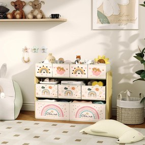 AIYAPLAY Etajeră Depozitare Jucării cu 3 Niveluri și 9 Cutii de Țesătură, Mobilier Depozitare Jucării, 93x30x70 cm, Galben | Aosom Romania