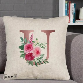 Cadou Personalizat - Perna Personalizata Monograma Rose Gold Litera U, 40x40 cm, Bej Canapea, Husa Detasabila, Perna Inclusa, BEKZ®