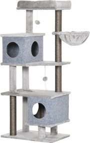 PawHut Copac de zgâriat, două căsuțe, două platforme, bilă de joacă, coș pentru odihnă, protecție anti-răsturnare, sisal, gri, 60 x 40 x 142 cm | Aosom Romania