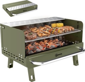 Outsunny Grătar pe Cărbune Pliabil 52x37x31,8 cm cu Grilă Reglabilă Raft Lateral Pliabil și Tavă Detașabilă Verde | Aosom Romania
