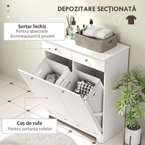 HOMCOM Dulap de Baie pentru Rufe cu 2 Uși Rabatabile și Coșuri pentru Rufe, 78x38x90 cm, Alb | Aosom Romania