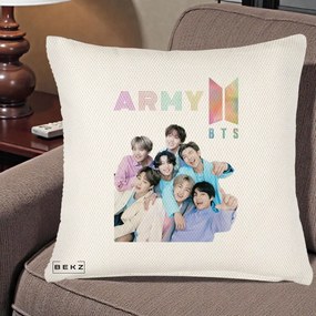 Perna Personalizata K-pop BTS ARMY Fotografie Grup Veseli, 40x40 cm, Crem Reliefat, Husa Detasabila, Perna Inclusa, BEKZ®
