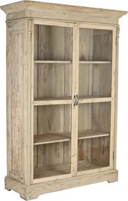 Vitrină rustică din lemn reciclat, natur, cu 2 uși vitrate, 3 rafturi și console sculptate, finisaj natural, 209 x 130 x 55 cm, „Pastel”