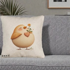 Perna Decorativa Pui cu Inima si Floarea-Soarelui, 40x40 cm, Bej Canapea, Husa Detasabila, Perna Inclusa, BEKZ®