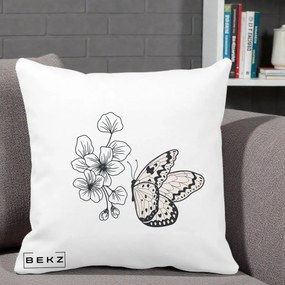 Perna Decorativa Fluture si Flori Linie Monocroma, 40x40 cm, Alba Mata, Husa Detasabila, Perna Inclusa, BEKZ®