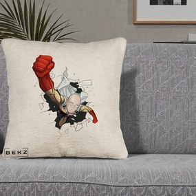 Perna Personalizata One Punch Man Saitama Pumn, 40x40 cm, Bej Canapea, Husa Detasabila, Perna Inclusa, BEKZ®