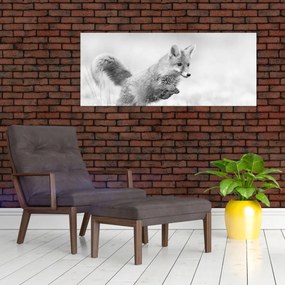 Tablou - Vulpe care sare,alb-negru (120x50 cm)