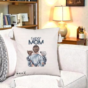 Cadou pentru Mama - Perna Personalizata Super Mom, 40x40 cm, Bej cu Franjuri, Husa Detasabila, Perna Inclusa, BEKZ®