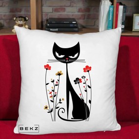 Perna Decorativa Pisica Neagra Grafica Flori Rosii, 40x40 cm, Alb Pufos, Husa Detasabila, Perna Inclusa, BEKZ®