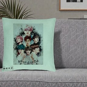 Perna Personalizata K-pop BTS Bangtan Boys Poster Artistic Negru Alb, 40x40 cm, Verde Menta, Husa Detasabila, Perna Inclusa, BEKZ®