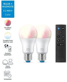 SET 2x bec LED RGBW dimabil WiZ A60 E27/8,5W/230V 2200-6500K Wi-Fi + telecomandă