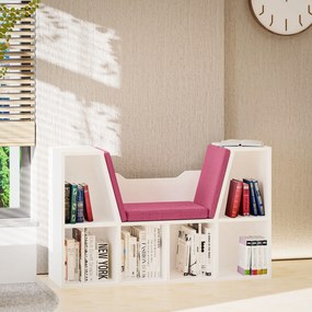HOMCOM Bibliotecă Banc 2 în 1 Design Contemporan 6 casete 3 Perne incluse 102L x 30l x 61H cm Alb Roz | Aosom Romania
