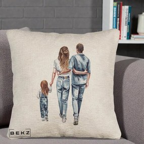 Cadou pentru Familie - Perna Personalizata Familie Acuarela Jeans, 40x40 cm, Bej Canapea, Husa Detasabila, Perna Inclusa, BEKZ®