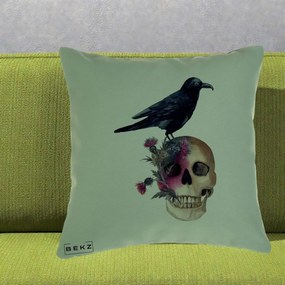 Perna Decorativa Craniu cu Corb si Flori Gothic, 40x40 cm, Verde, Husa Detasabila, Perna Inclusa, BEKZ®